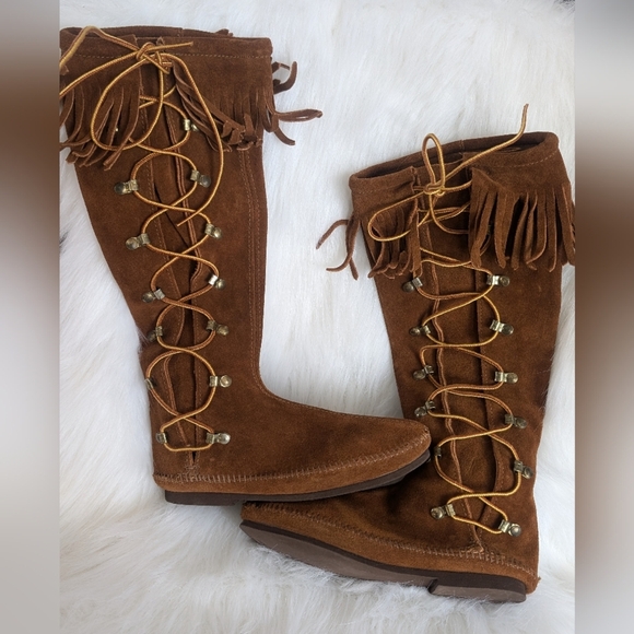 Vintage 70s Brown Suede Leather Lace Up Fringe Boots Size 6 - Picture 13 of 13